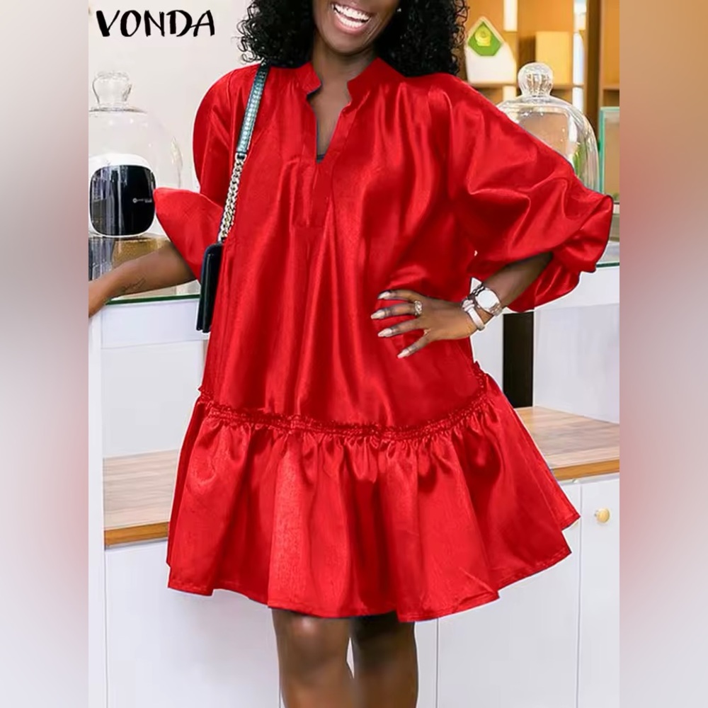 Women's Summer Balloon Sleeve Holiday Party Robe Solid Color Satin Dress